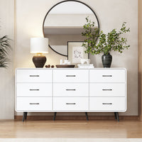 63" Modern White Rectangular Dresser With Nine Drawers And Metal Legs