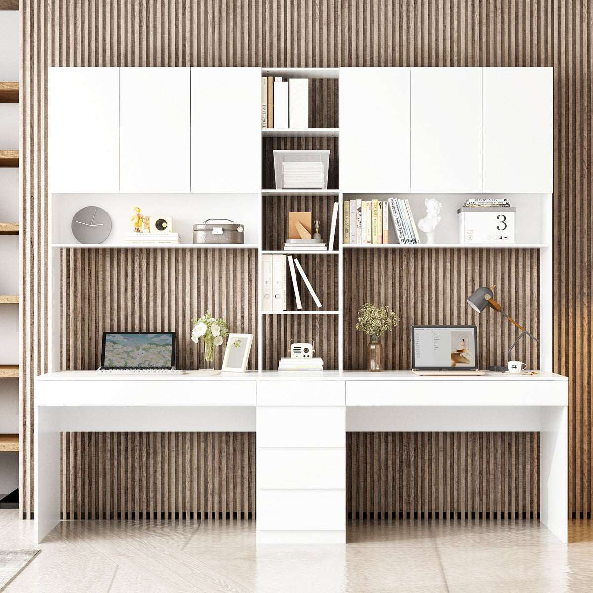 94.5" Modern White Desk with Hinged Doors and Pull-out Drawers