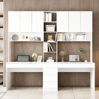 94.5" Modern White Desk with Hinged Doors and Pull-out Drawers