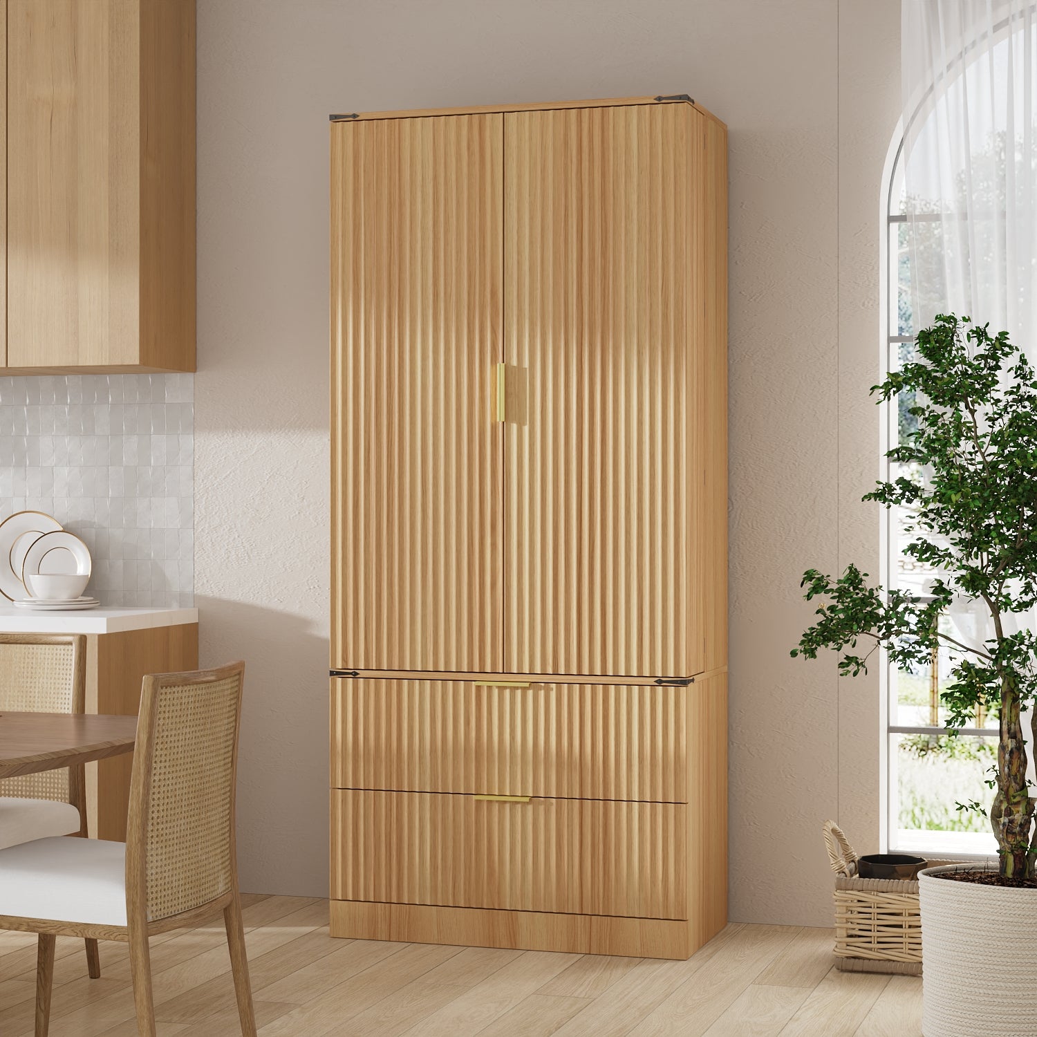 71'' H 2-Drawer Pantry Cabinet With Door Shelves And Magnetic Catches