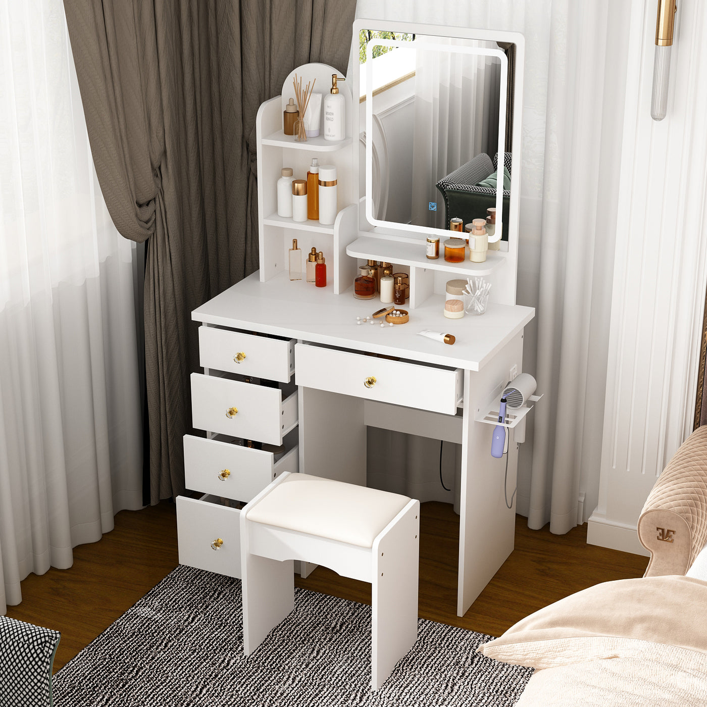 31.5" Modern White Glam Makeup Vanity Set with Socket, LED Light and Stool