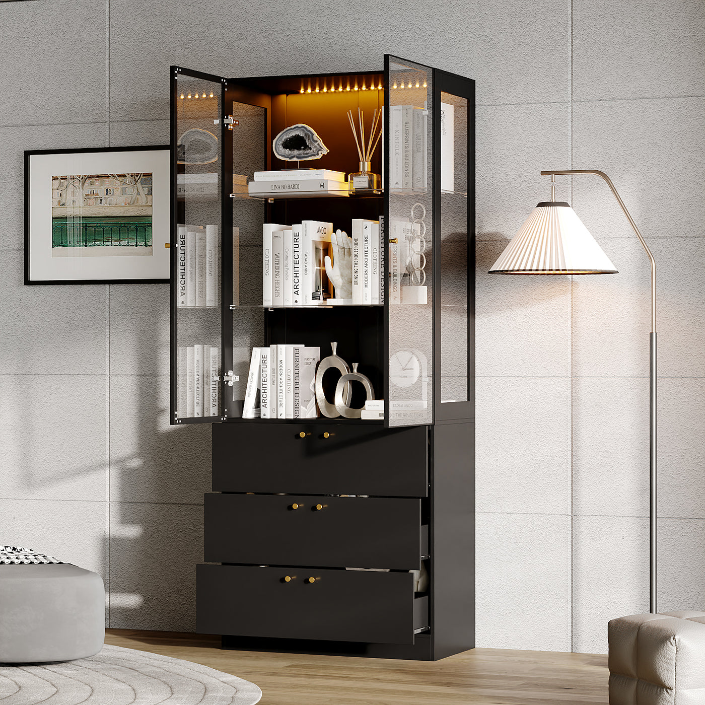 31.5" Modern Black Display Bookcase with LED Light and Glass Doors