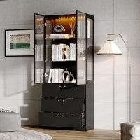 31.5" Modern Black Display Bookcase with LED Light and Glass Doors