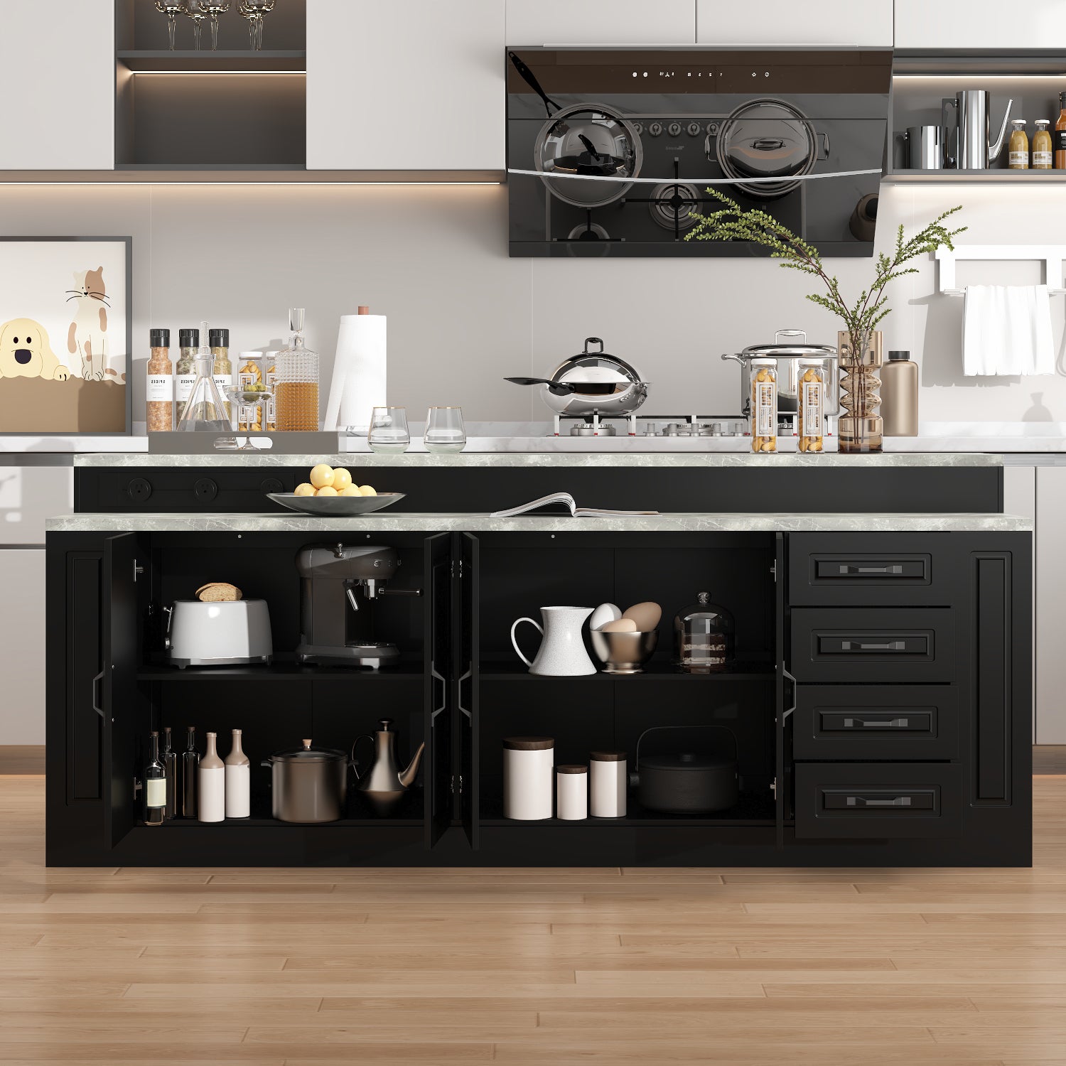 Modern kitchen with black cabinets, white countertops, and various kitchen items.
