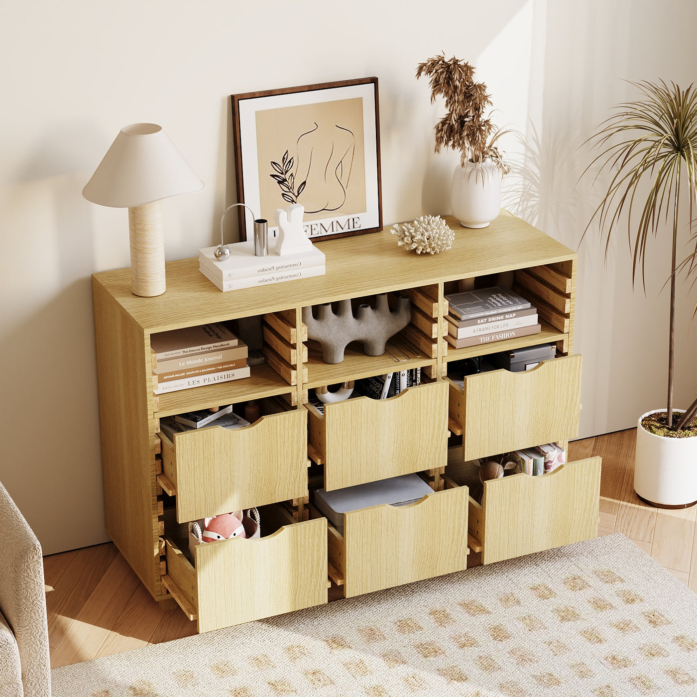 47.2" Rustic Natural Wood Sideboard with 6 Drawers & 3 Shelves