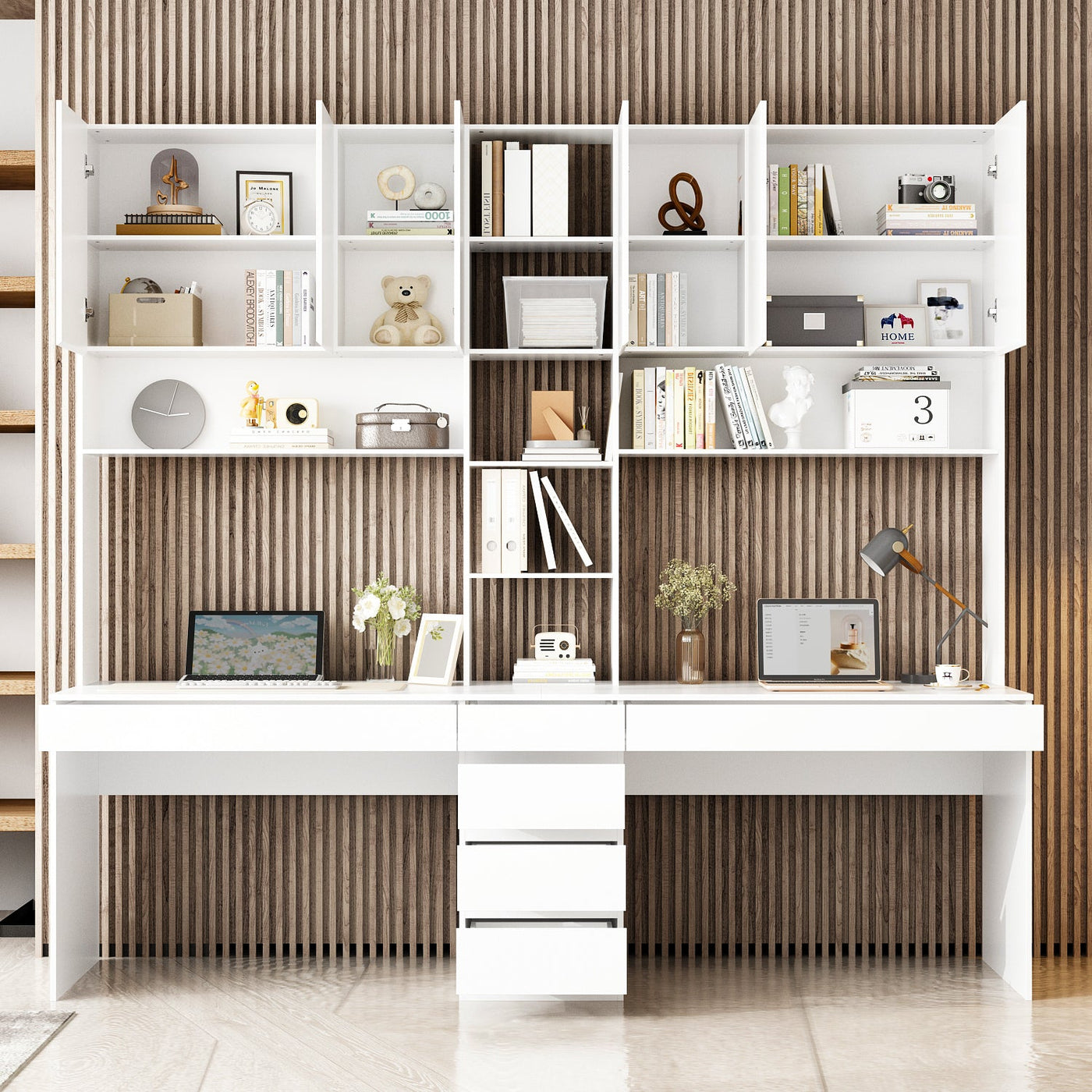94.5" Modern White Desk with Hinged Doors and Pull-out Drawers