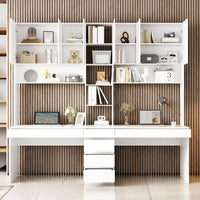 94.5" Modern White Desk with Hinged Doors and Pull-out Drawers