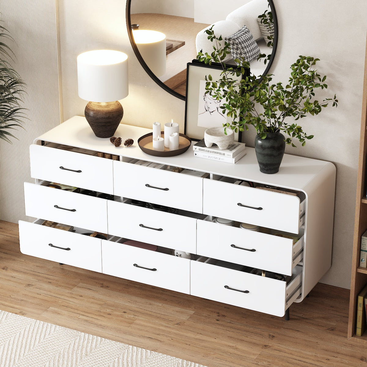 63" Modern White Rectangular Dresser With Nine Drawers And Metal Legs