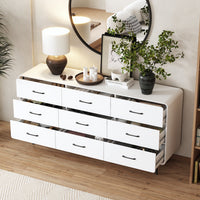 63" Modern White Rectangular Dresser With Nine Drawers And Metal Legs