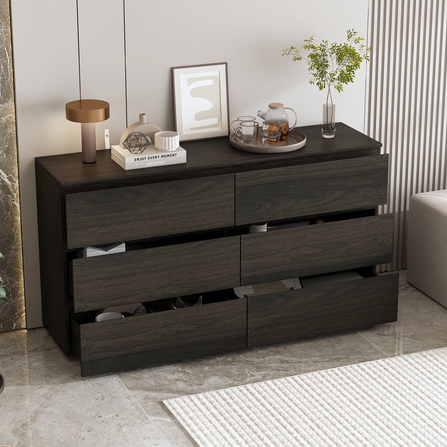 Distressed 6-Drawer Sideboard with Grain Texture - 59" Wide