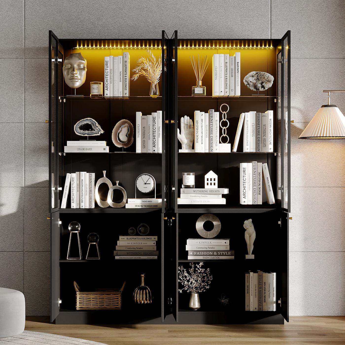 63" Modern Black Display Bookcase with LED Light and Glass Doors