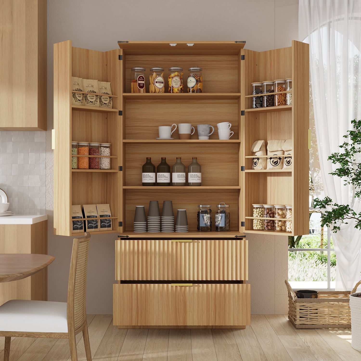 71'' H 2-Drawer Pantry Cabinet With Door Shelves And Magnetic Catches