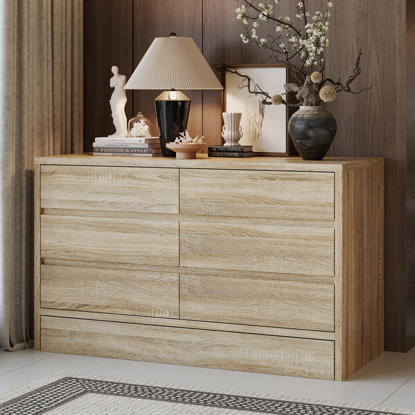 55.1" 7-Drawer Wood Chest Dresser with Hidden Compartments and Large Kick Drawer