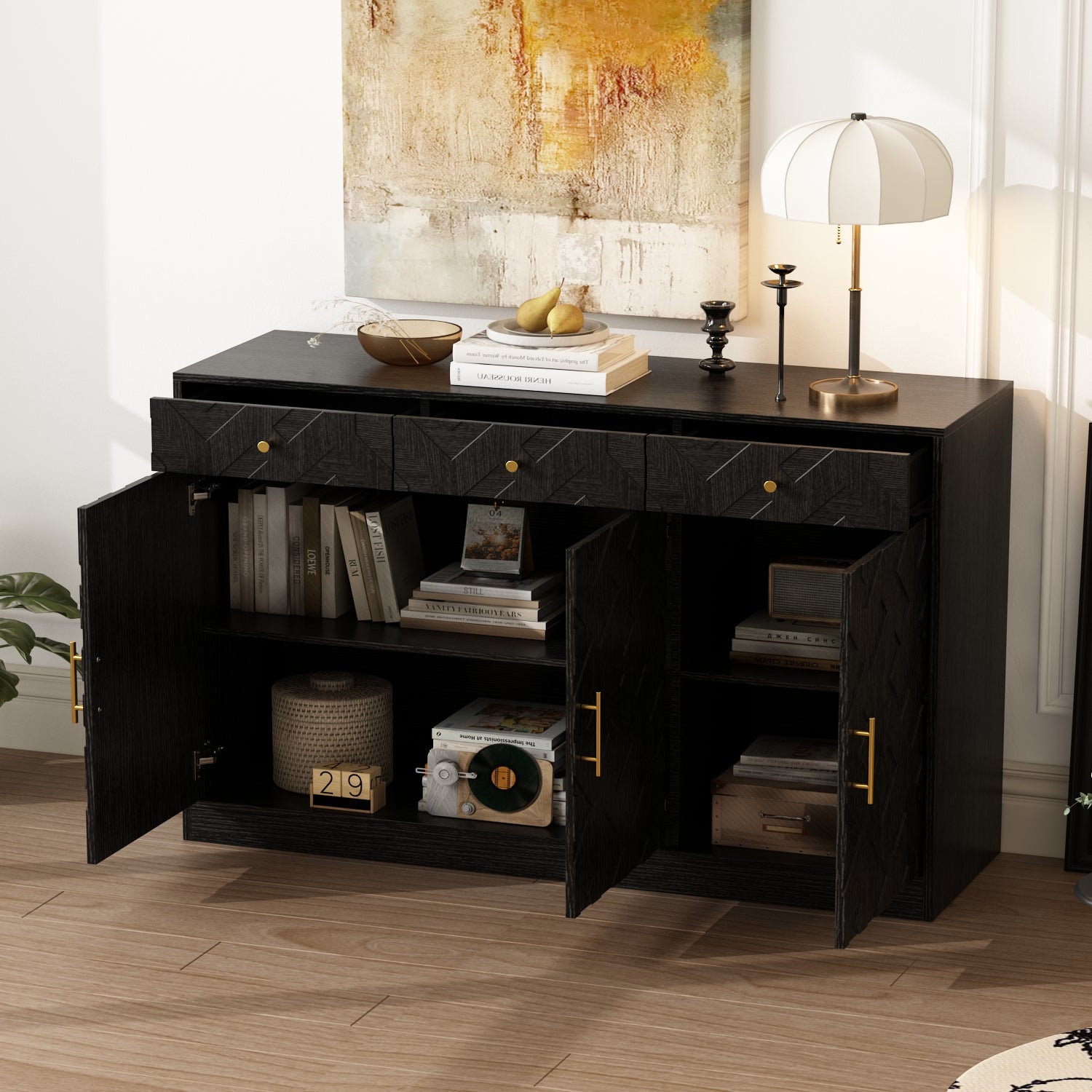 47.2" Wide 3-Door Embossed Accent Cabinet With 2 Drawers