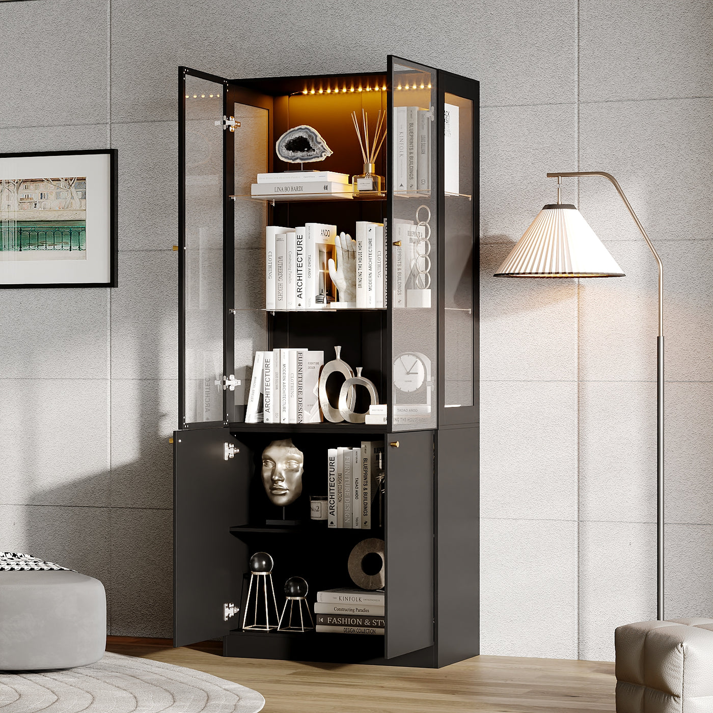 31.5" Modern Black Display Bookcase with LED Light and Glass Doors