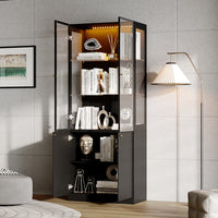 31.5" Modern Black Display Bookcase with LED Light and Glass Doors