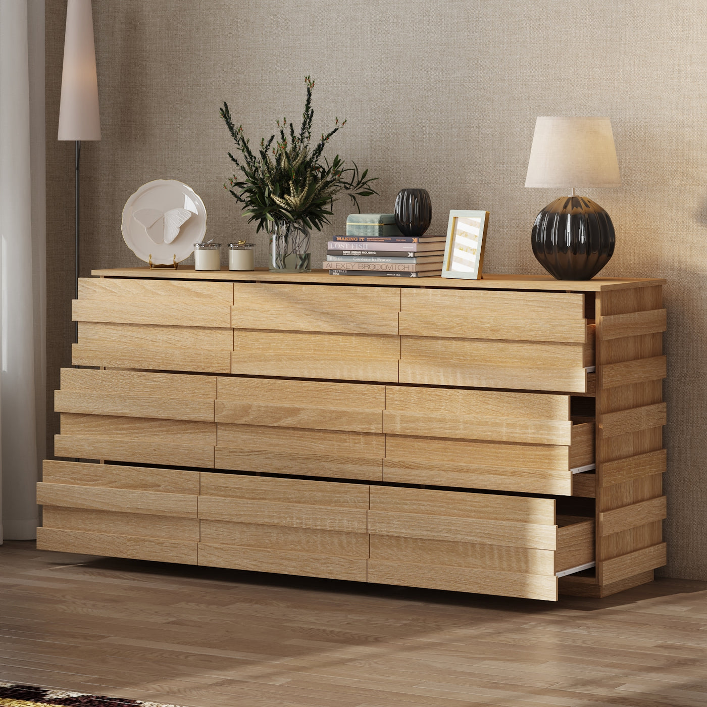 Wooden dresser with decorative items against a neutral wall
