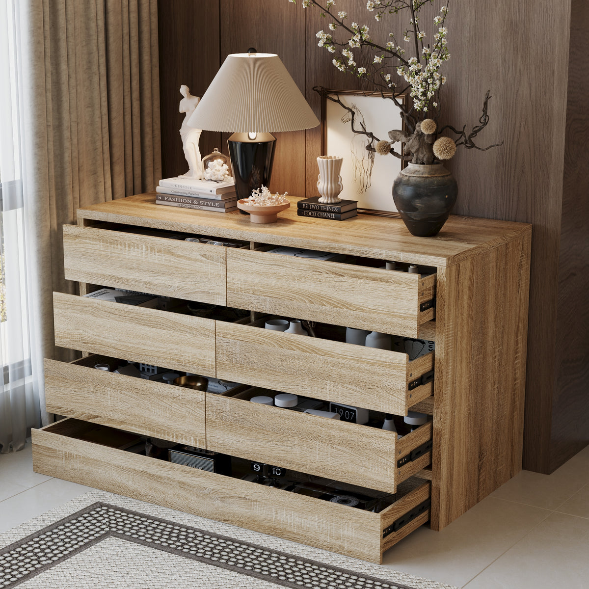 55.1" 7-Drawer Wood Chest Dresser with Hidden Compartments and Large Kick Drawer