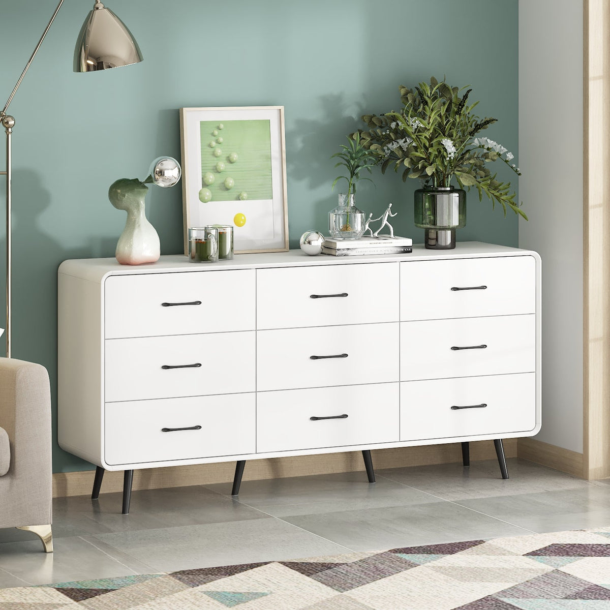 63" Modern White Rectangular Dresser With Nine Drawers And Metal Legs