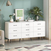 63" Modern White Rectangular Dresser With Nine Drawers And Metal Legs
