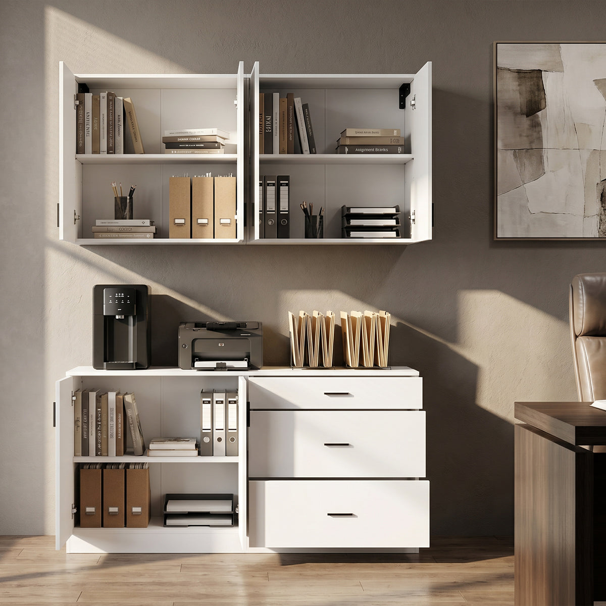 63" White Engineered Wood 2-Piece Garage Storage Cabinet with Wall Cabinet, Single Door & 3 Drawers