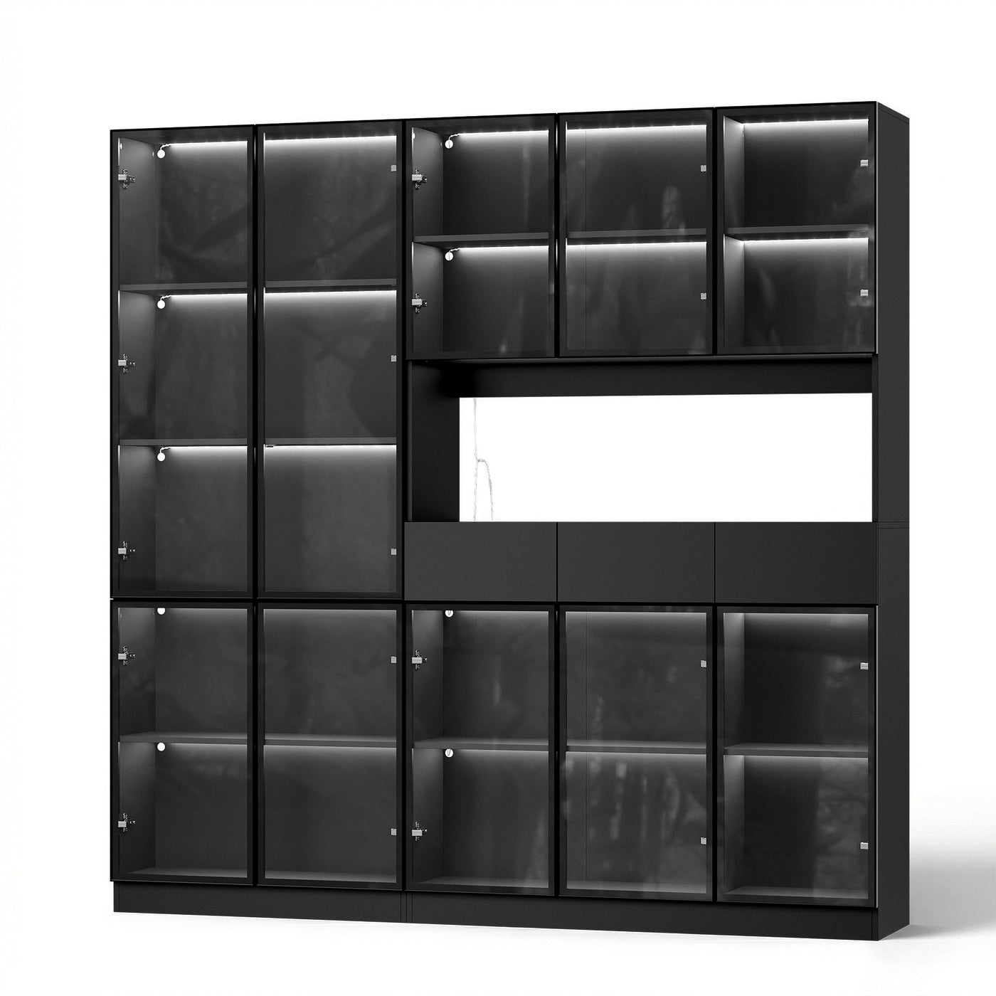 Varda 78.7" Large Bookcase with Glass Doors and 3-Color Changing LED Lights