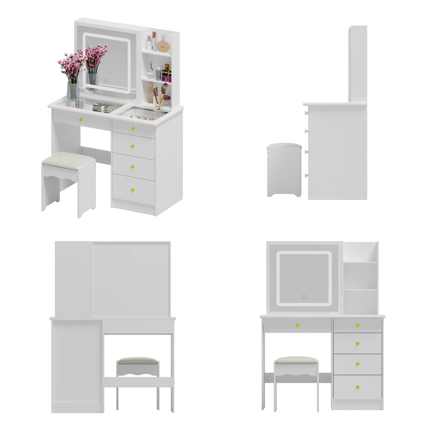 39.4" Modern White Vanity Desk Makeup Table Large Sliding Lighted Mirror Dressing Table With 5 Drawers Hidden Shelves