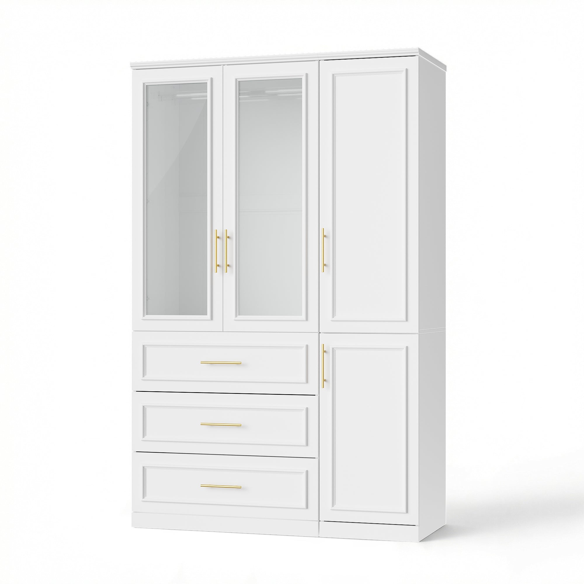 47.6 inch Modern White Armoire with Glass Doors and 3 Drawers