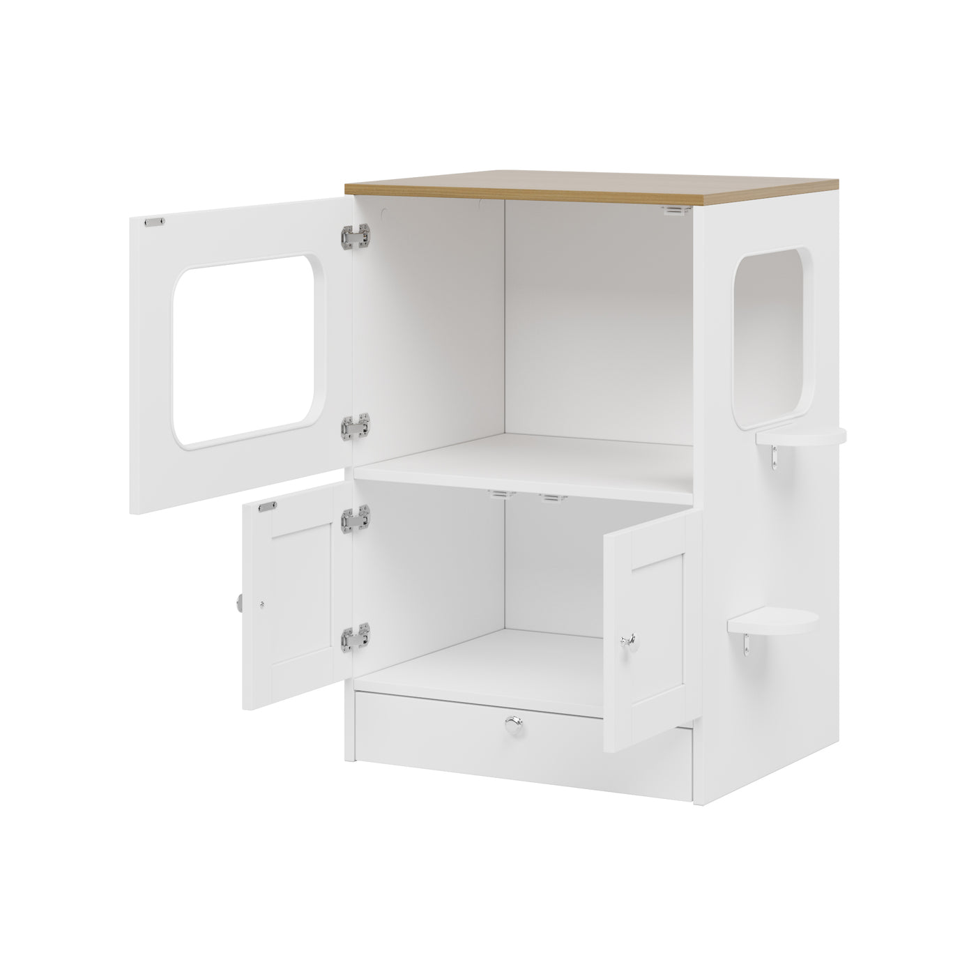 21.7" Modern White Multi-Functional Cat Condo Cabinet with Feeding Station and Storage