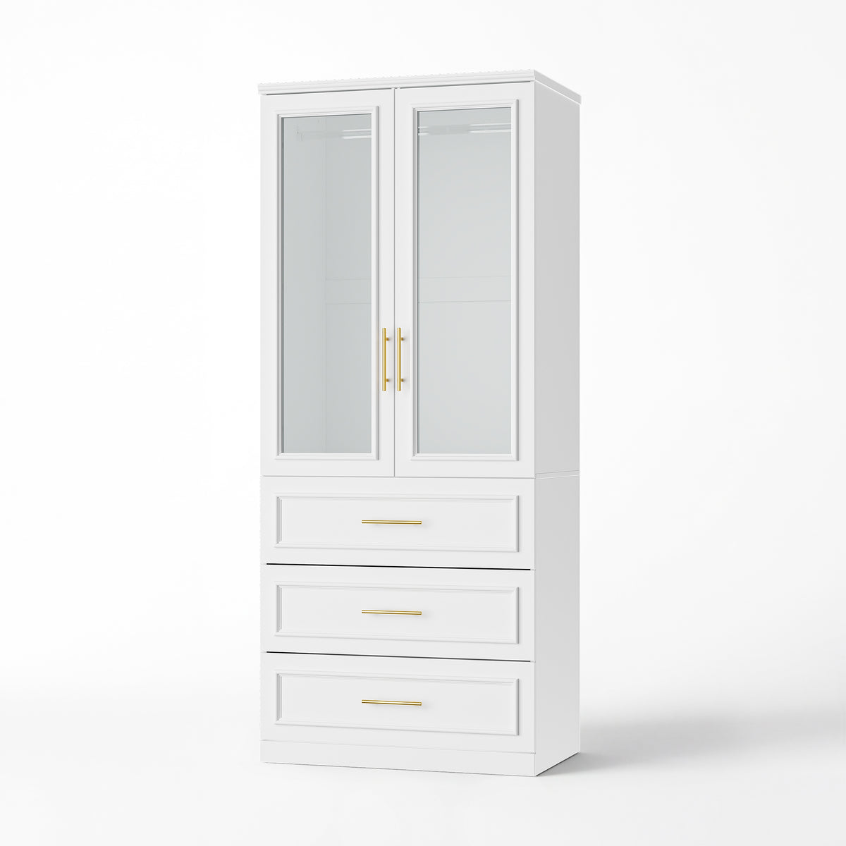 31.7 inches Modern White Glass Door Armoire with Hanging Rod and 3 Drawers
