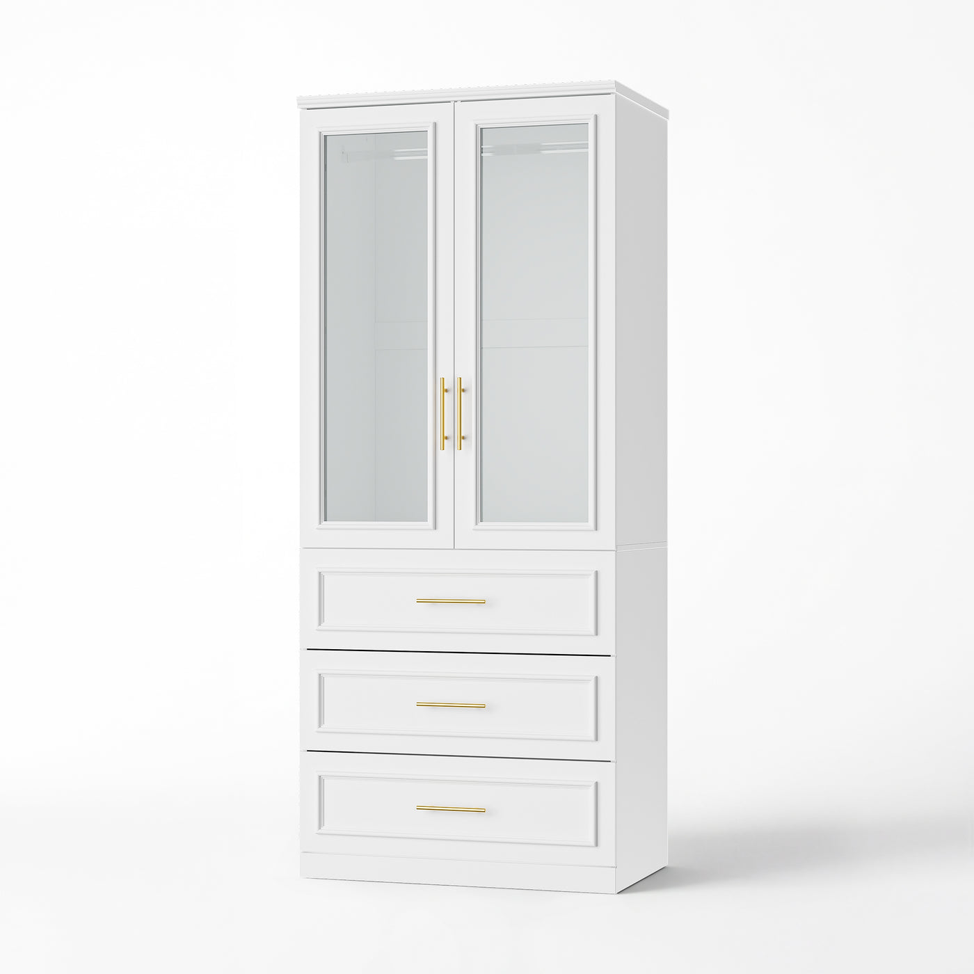 Rena 31.7" Modern White Glass Door Armoire with Hanging Rod and 3 Drawers