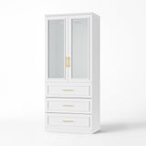 31.7 inches Modern White Glass Door Armoire with Hanging Rod and 3 Drawers