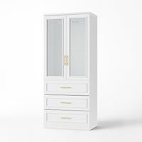 Rena 31.7" Modern White Glass Door Armoire with Hanging Rod and 3 Drawers