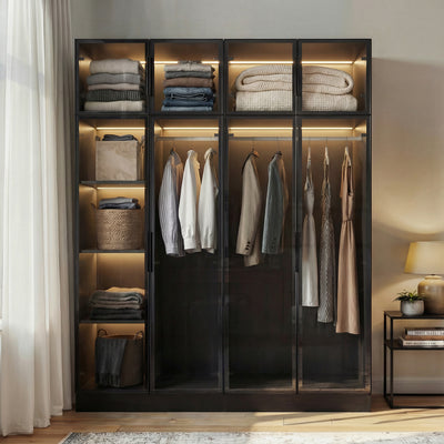 59" Modern Black Wardrobe Armoires With LED Lighting and Tempered Glass Doors