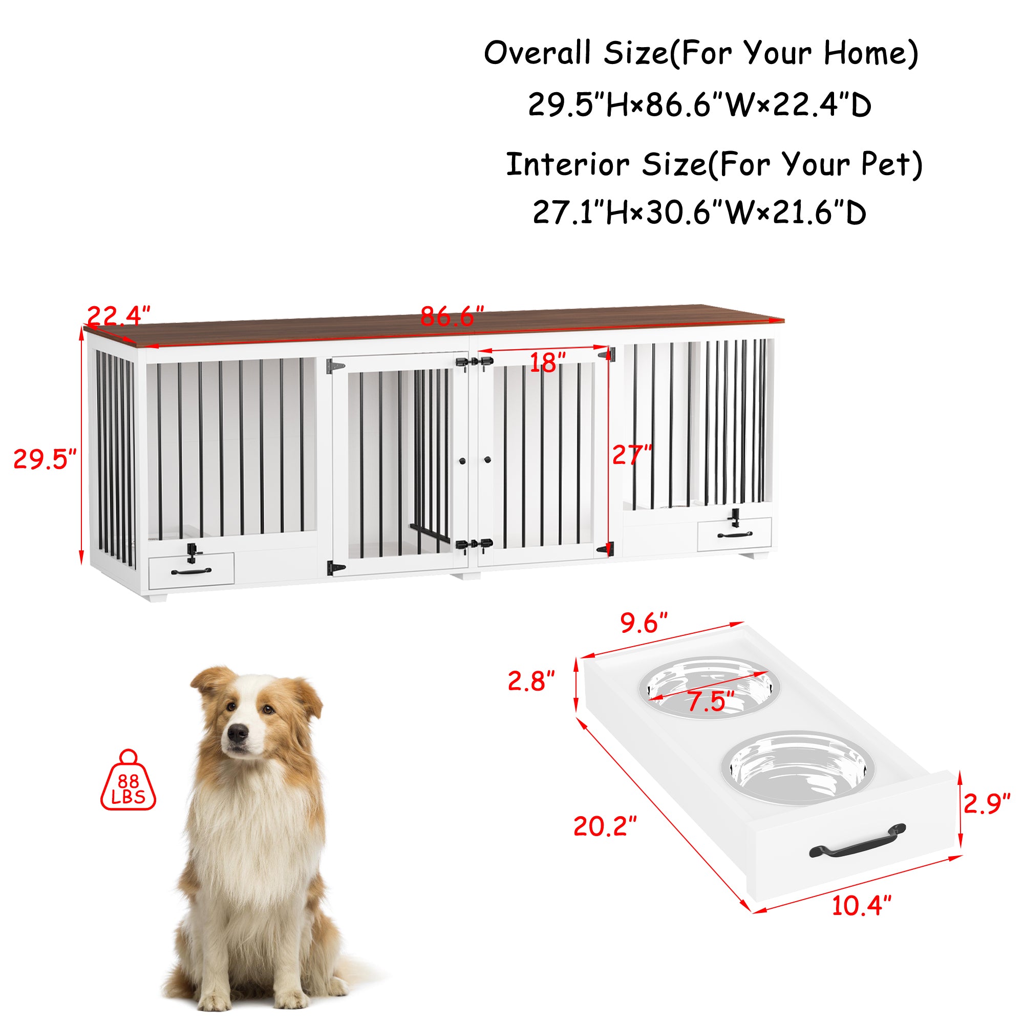 Large Dog Crate Furniture With Pull-Out Dog Bowls And Divider