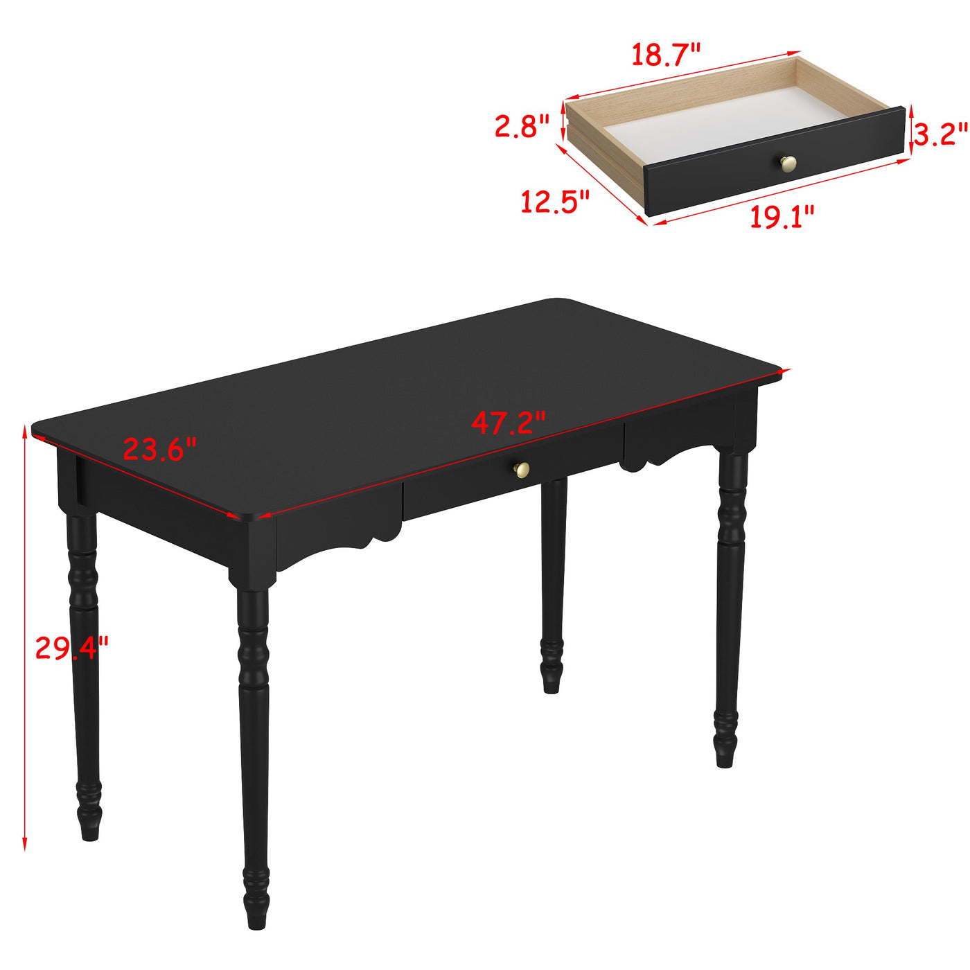 47.2" Modern Black Rectangle Writing Desk with Drawer and Alien Shaped Design