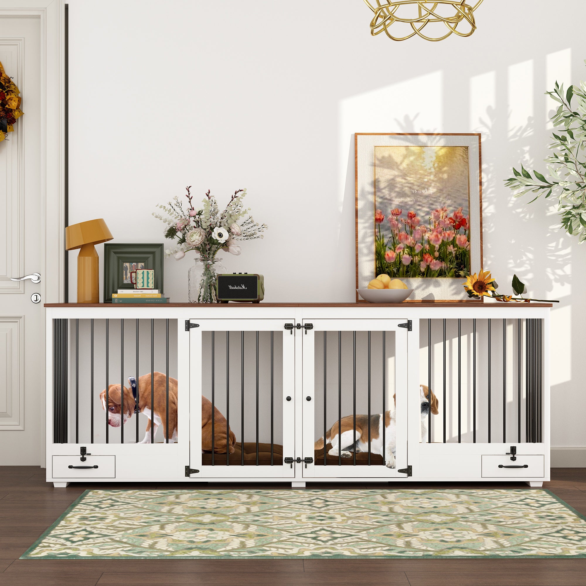 Large Dog Crate Furniture With Pull-Out Dog Bowls And Divider