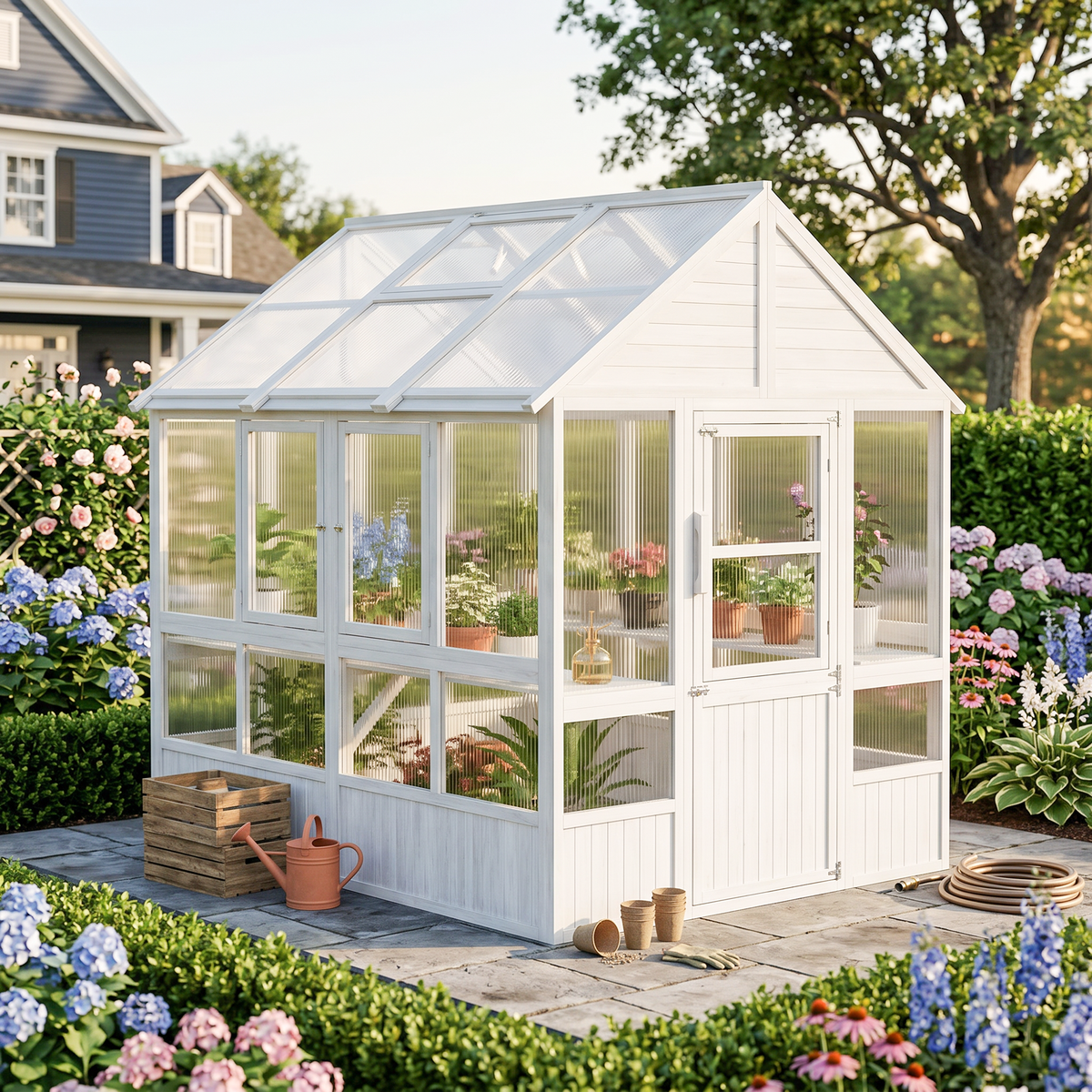 81" White Wood Outdoor Greenhouse with Polycarbonate Panels, Adjustable Roof Vents & Reinforced Frame