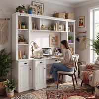88.5" White 4-Piece Modular Entertainment Wall Unit with Writing Desk, Open Bookcase Shelves & Closed Storage Cabinets