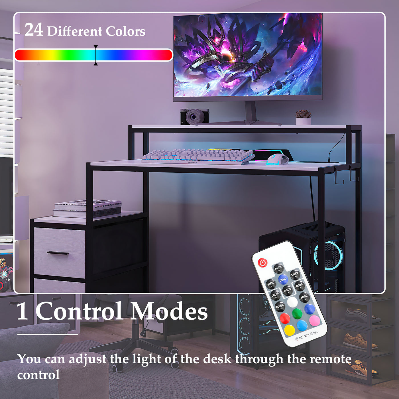 55" Ergonomic Black Gaming Desk with LED Lights & Charging Station