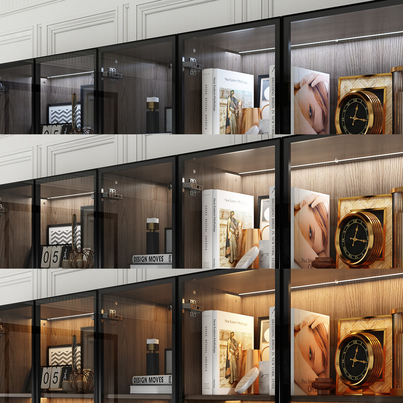 Geyma 110.2" Modern Glass Doors Display Case with LED Lights and Drawers