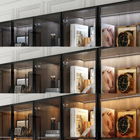 Geyma 110.2" Modern Glass Doors Display Case with LED Lights and Drawers