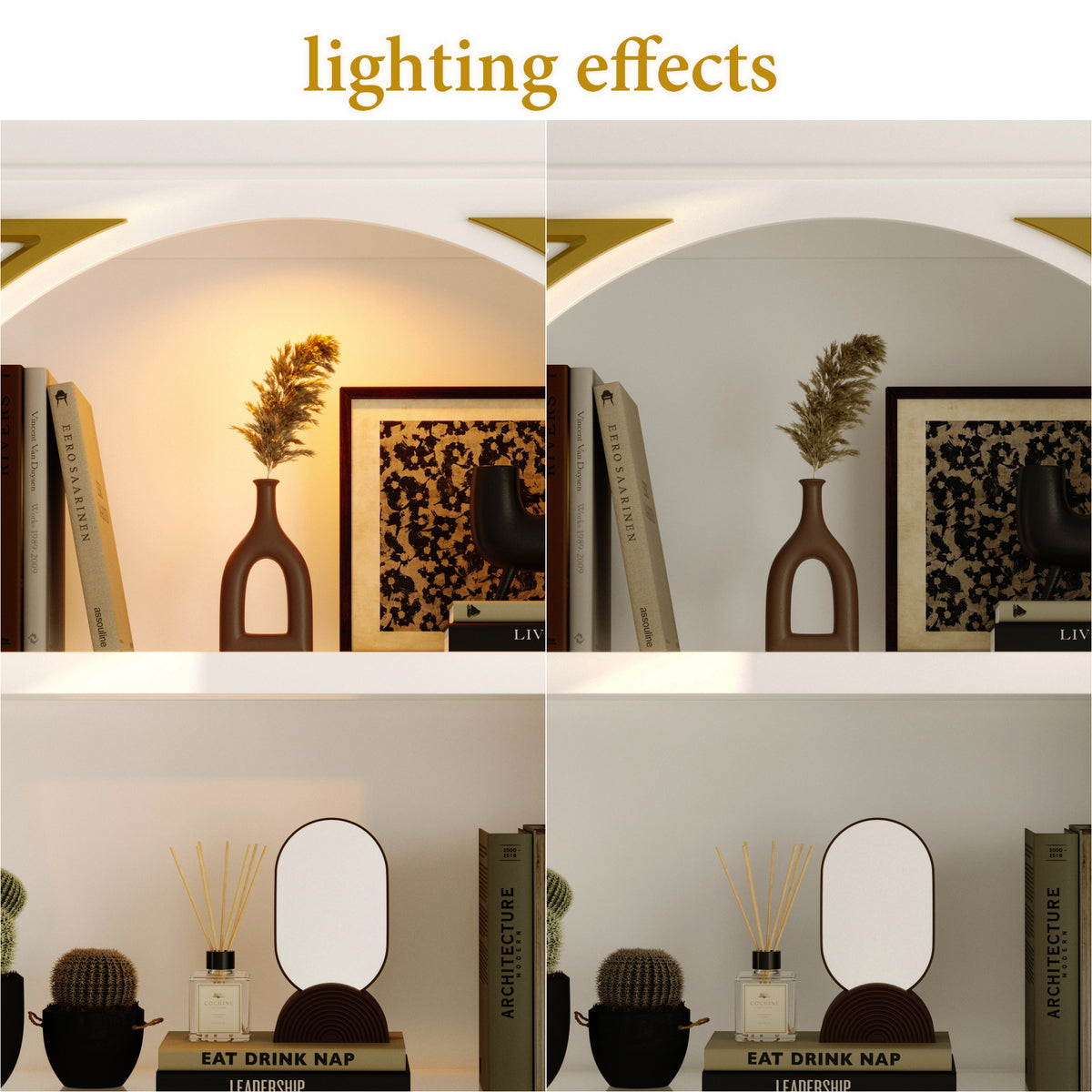 Collage of a shelf with decorative items under different lighting conditions.
