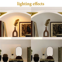 Collage of a shelf with decorative items under different lighting conditions.