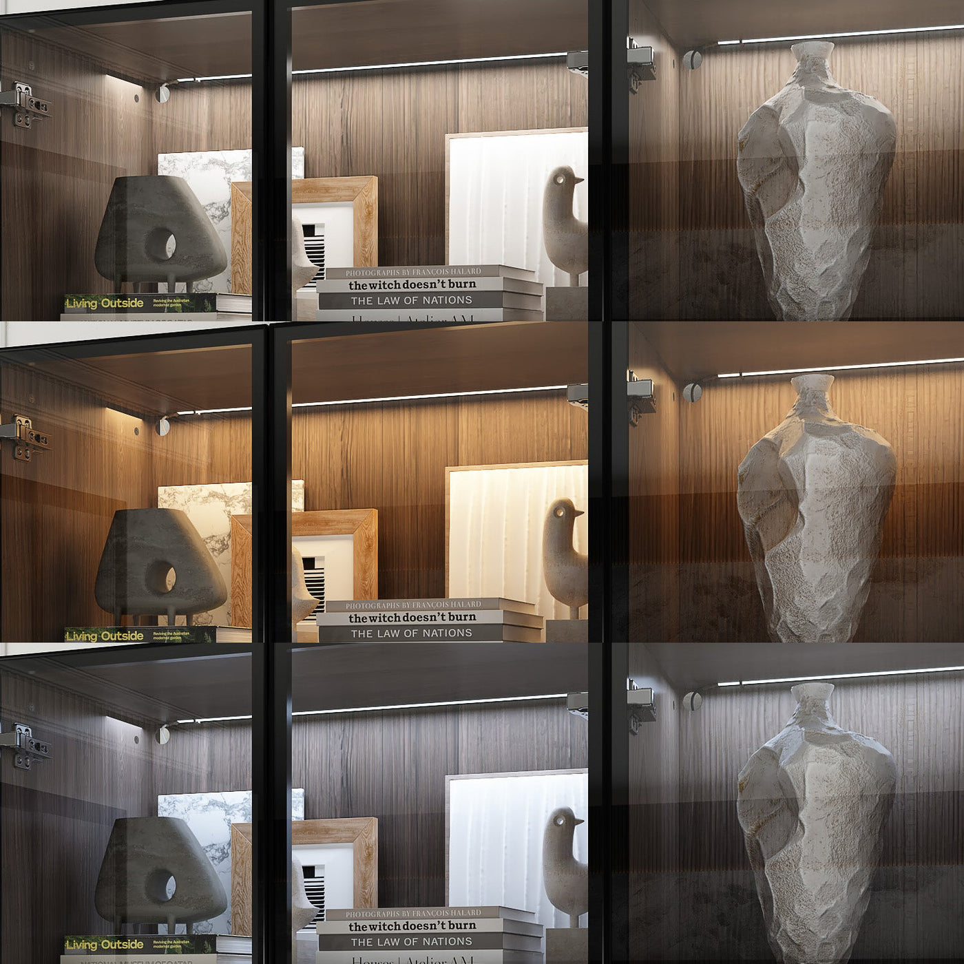 Geyma 63" Modern Brown Display Cabinet with Tempered Glass Doors and Adjustable Lighting