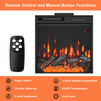 Electric fireplace insert with remote control and feature list on an orange background
