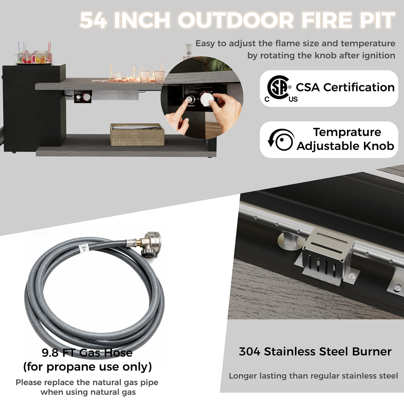 54 inch outdoor fire pit with CSA certification, adjustable temperature knob, and 9.8 FT gas hose.