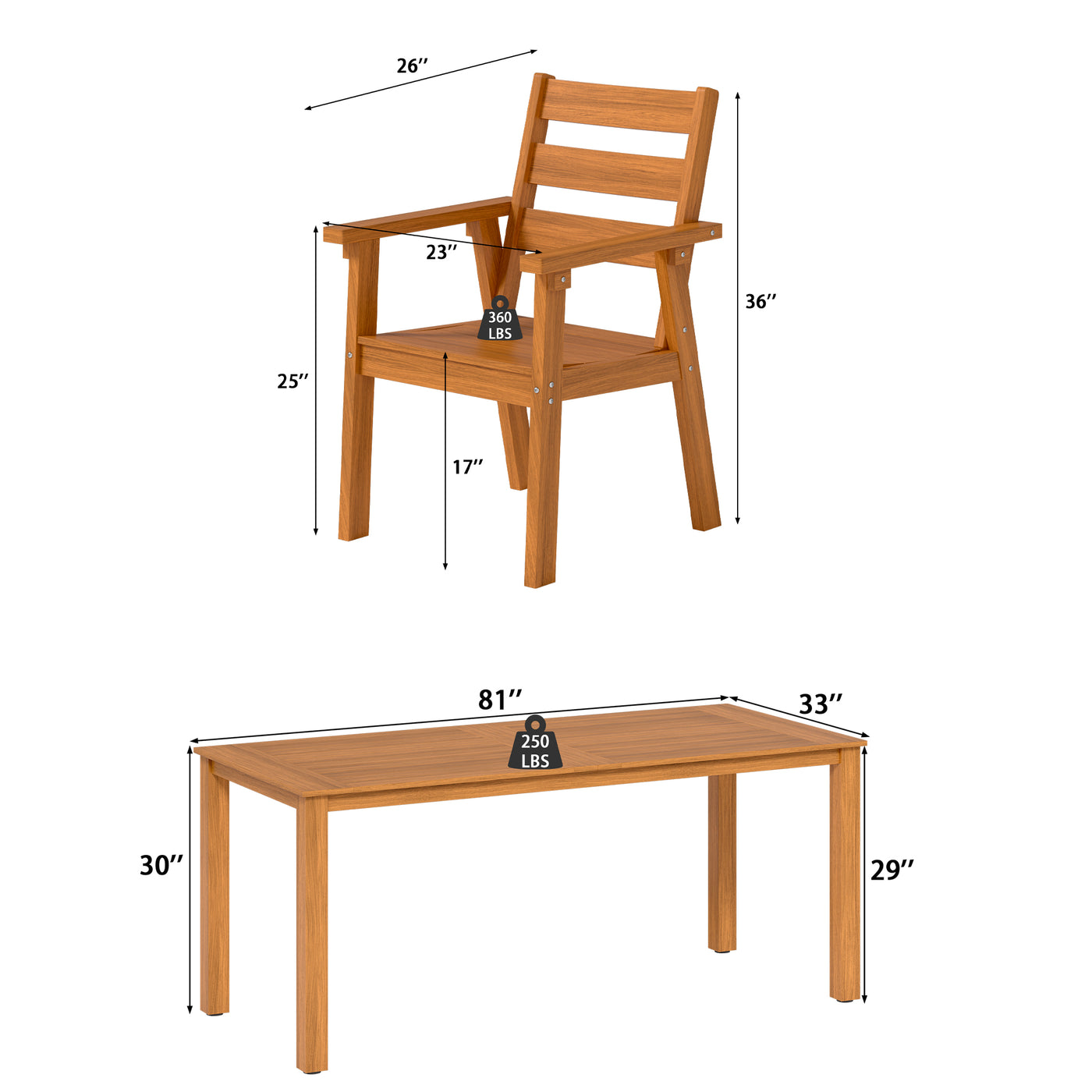 81" Modern Natural Wood 7-Piece Outdoor Dining Set (1 Table & 6 Chairs) with Weather-Resistant Design