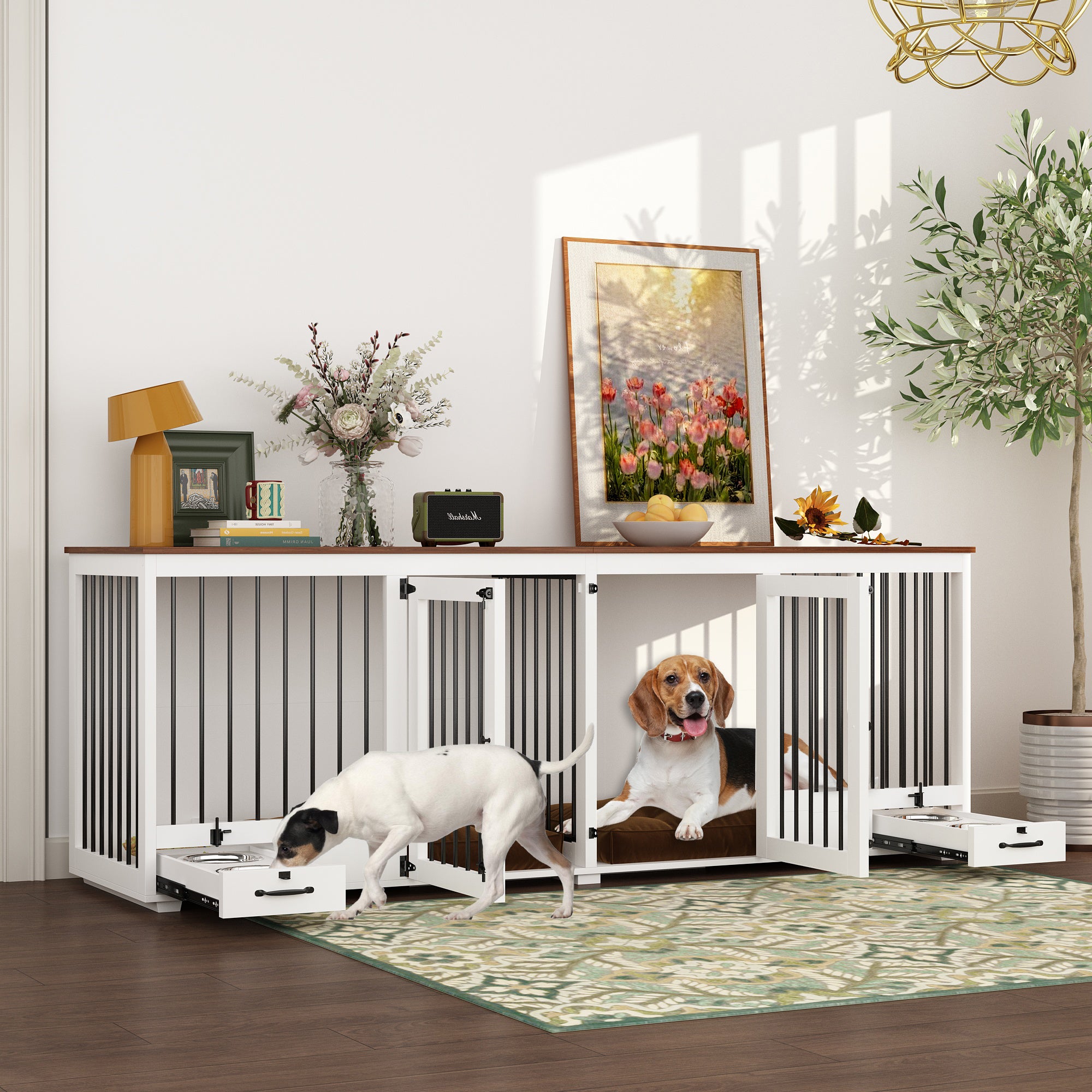 Large Dog Crate Furniture With Pull-Out Dog Bowls And Divider
