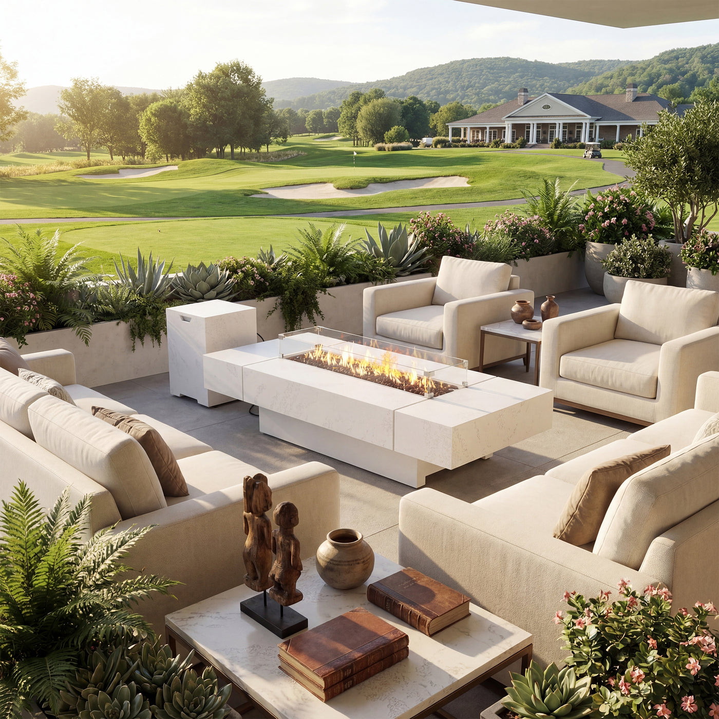 Outdoor patio with fire pit, furniture, and scenic golf course view